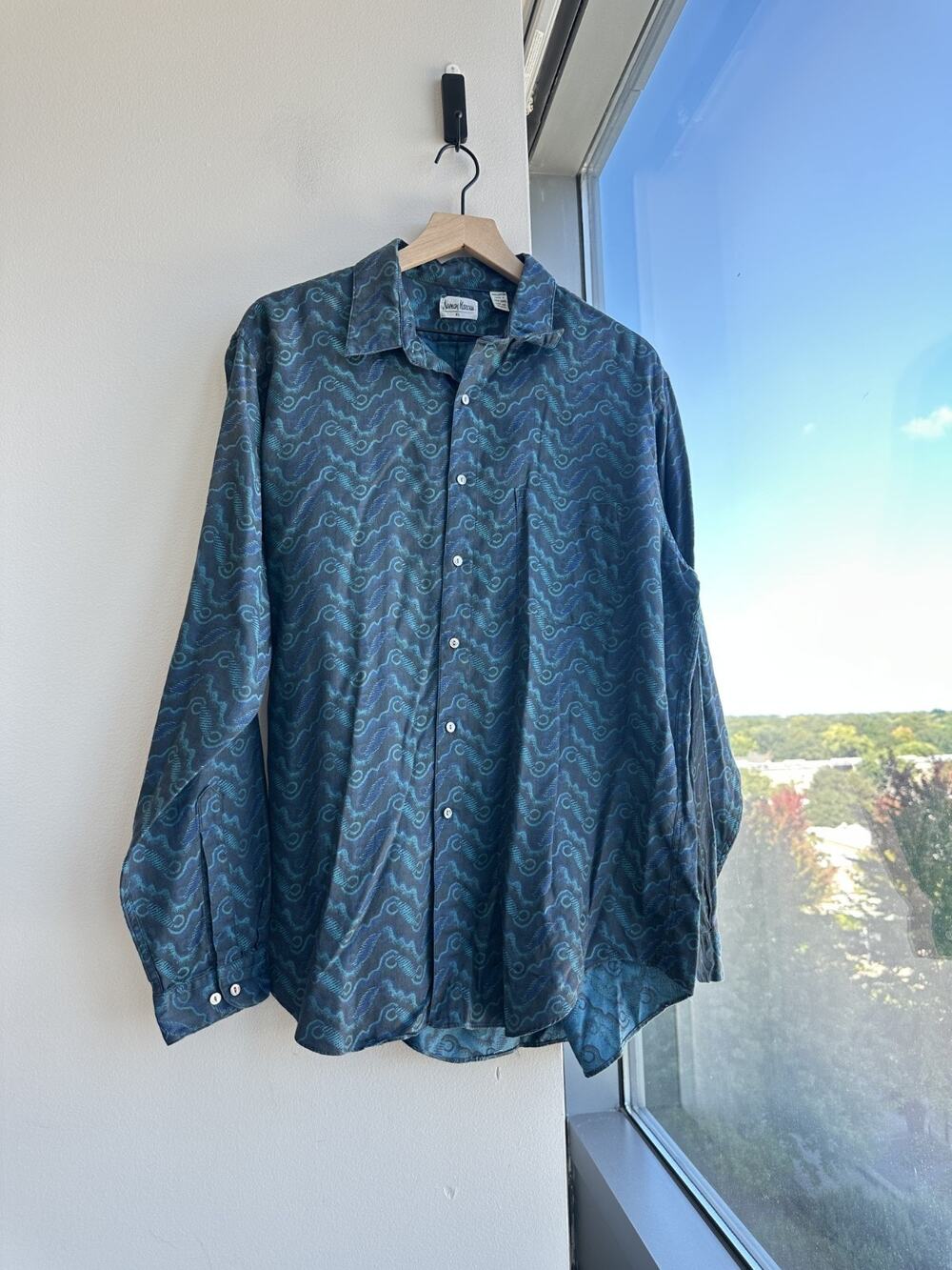 Neiman Marcus 100% Cotton Blue Teal Geometric Jacquard Wave Sz XL